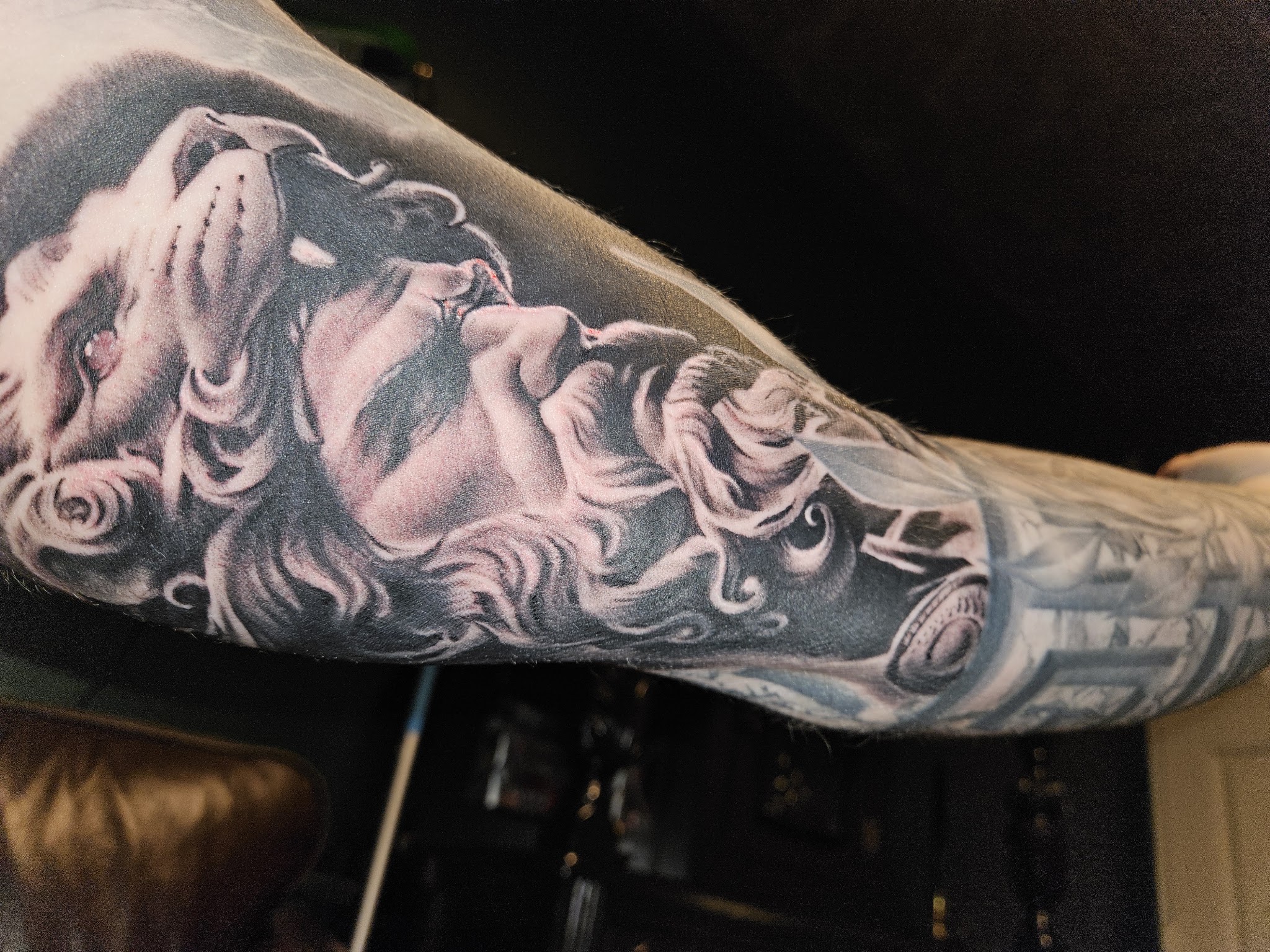 Classical black and grey tattoo photographed by Brandon